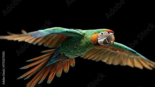 Colorful macaw in flight against a black background