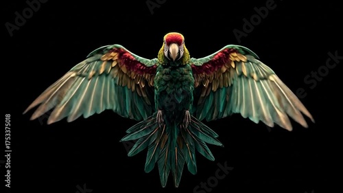 Colorful parrot in flight against a dark backdrop concept