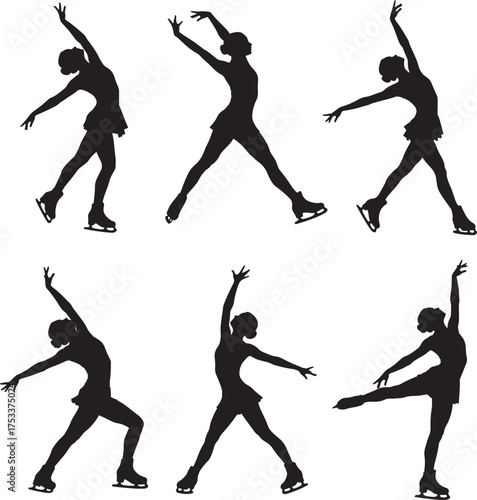Six dynamic figure skating poses silhouette