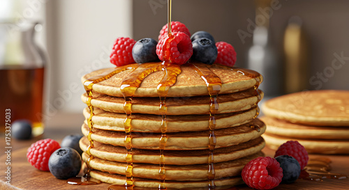 Stack of pancakes with syrup and berries
