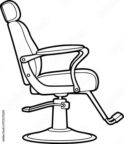 Salon chair drawing. A line art sketch of a salon chair, adjustable and often reclining seat used in beauty and hair salons for clients during hair styling, treatments.