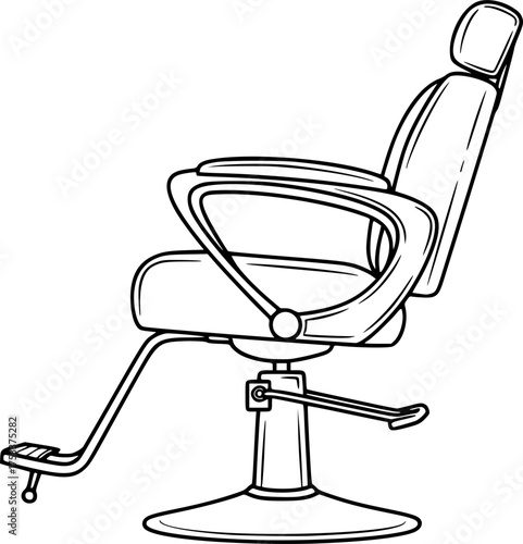 Salon chair drawing. A line art sketch of a salon chair, adjustable and often reclining seat used in beauty and hair salons for clients during hair styling, treatments.