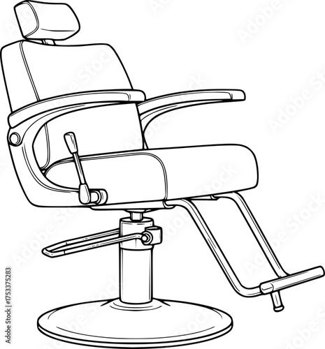 Salon chair drawing. A line art sketch of a salon chair, adjustable and often reclining seat used in beauty and hair salons for clients during hair styling, treatments.
