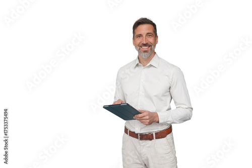 Smiling professional man holding a modern tablet, planning digital strategy, standing confidently. Transparent background