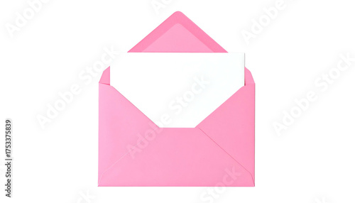 A pink envelope is open, with a blank white card inside, against a solid black background