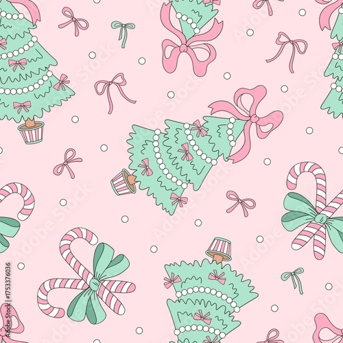 Preppy Coquette Pink Peppermint Candy and Christmas Tree Seamless Pattern. Cute Girly Pastel Holiday Surface Design for Fabric, Wallpaper, and Wrapping Paper