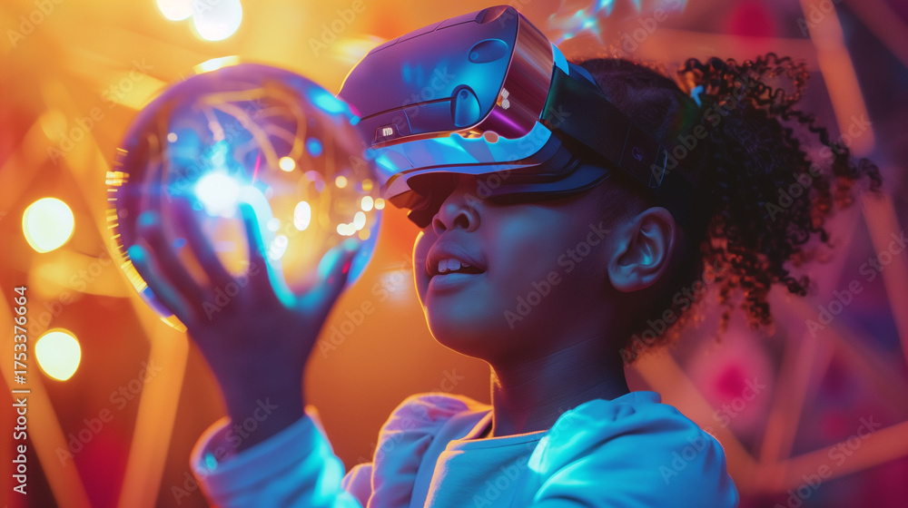 Naklejka premium Black toddler exploring AI technology with VR headset in an interactive learning environment. Early childhood education with smart tech and machine learning. Blue hologram interface, futuristic class