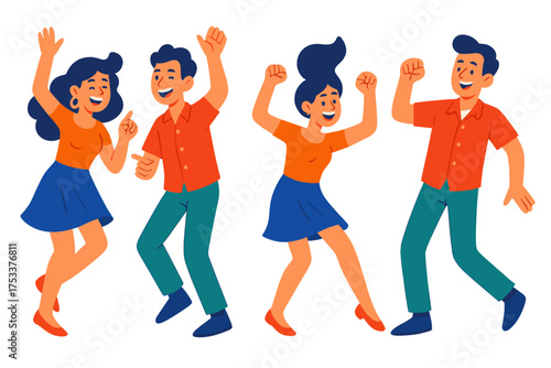 Joyful young couples dancing with energetic and expressive movements
