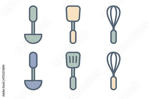 Collection of essential cooking utensils icons: ladle, turner, and whisk