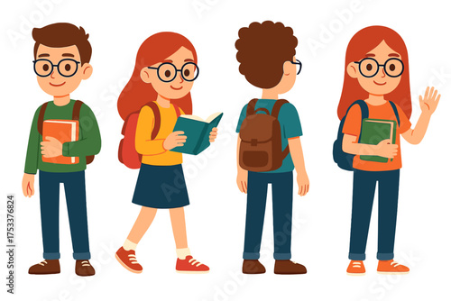 Diverse group of happy students with backpacks and books prepared for school