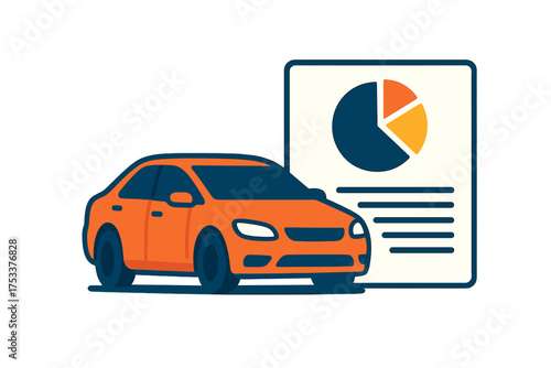 Orange sedan car positioned beside financial report with pie chart