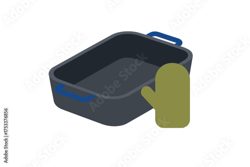 Isometric baking pan and oven mitt icon for cooking and kitchen safety