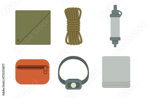 Essential outdoor survival and camping gear collection icons