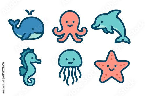 Collection of cute cartoon sea animal icons featuring whale dolphin octopus and starfish