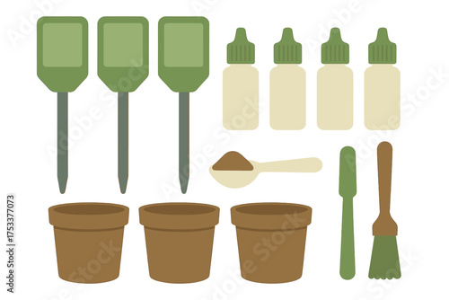 Gardening soil testing kit and planting supplies set isolated on white
