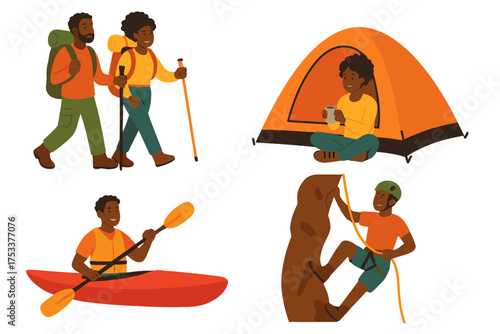 Diverse group enjoying outdoor adventure activities against clean white background