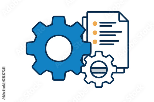 Interlocking gears and document checklist icon for system settings and workflow management