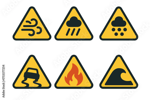 Six yellow triangular warning signs for natural disasters and road hazards