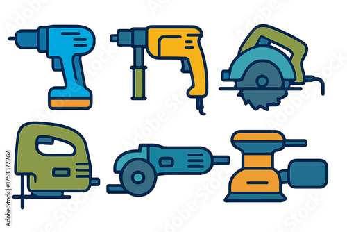 Set of handheld power tools icons: drill, saw, and sander