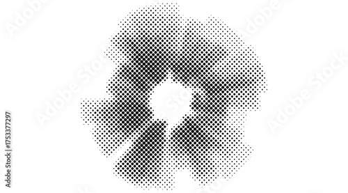 Halftone pattern forms an abstract floral design with black dots on a white background, creating a visually intriguing and modern graphic element suitable for various creative applications