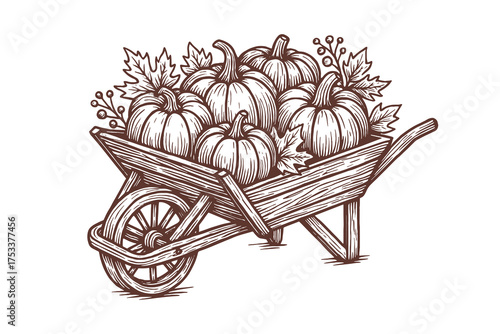 Wheelbarrow with pumpkins engraving style vector illustration