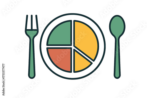 Outline icon of balanced diet plate with fork and spoon utensils