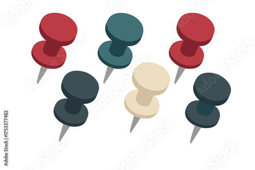 Isometric set of colorful push pins on a clean white background