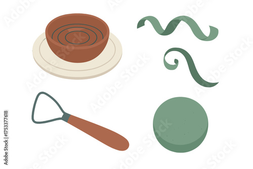 Isometric set of pottery tools and clay crafting elements