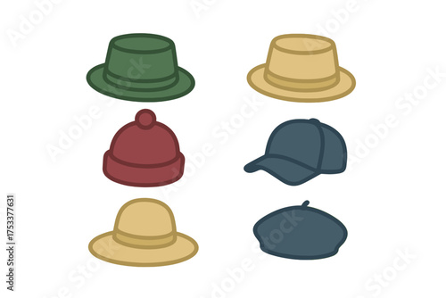 Six colorful headwear icons featuring fedora, beanie, and baseball cap styles