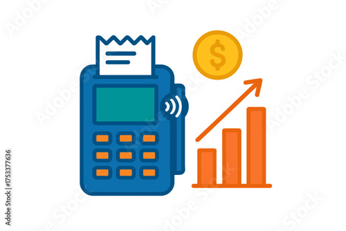 Payment terminal with rising sales bar chart and currency coin
