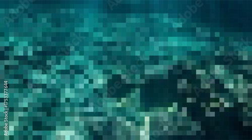Abstract teal pixelated mosaic creates a modern, textured background with varying shades and gradients that evoke an underwater or digital landscape effect in a simple, pixel style