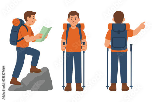Male hiker with backpack and trekking poles demonstrating various poses