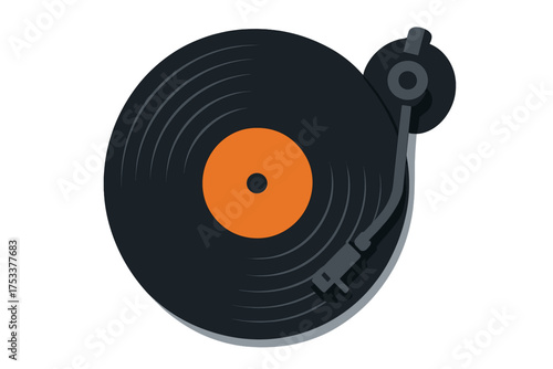 Black vinyl record spinning on turntable with stylus and orange center