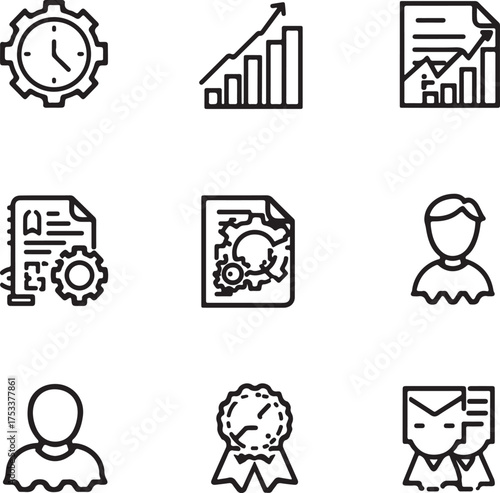 Collection of Business and Finance Icons Featuring Gears Charts Documents and People on White Background Keywords: business icon, finance icon, gear icon, clock icon, chart icon, graph icon