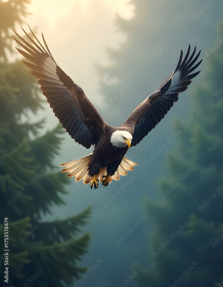 Fototapeta premium A magnificent American bald eagle soars high in the blue sky, wings spread in powerful flight as the ultimate symbol of wildlife freedom