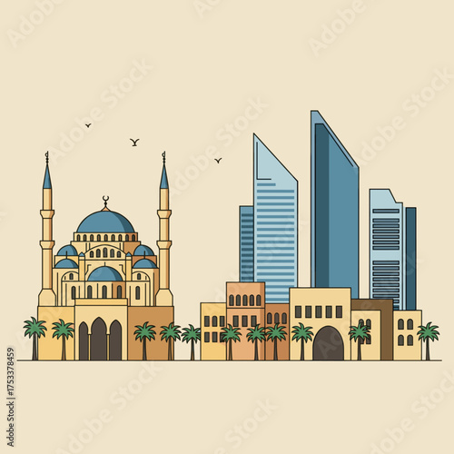 Middle east city skyline with mosque and skyscrapers vector.