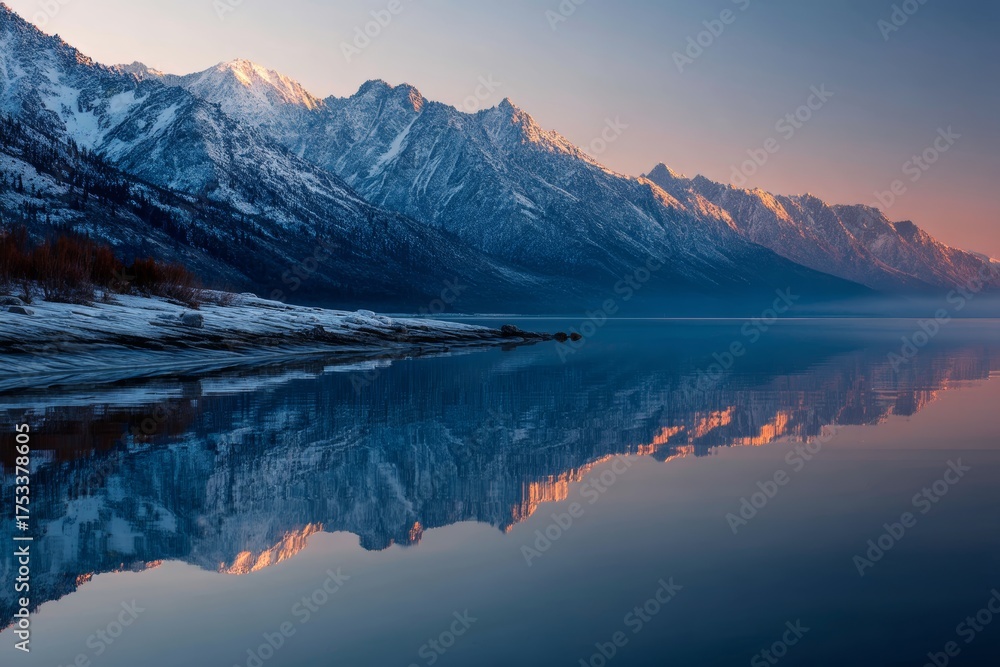Fototapeta premium Reflection of snowy mountains in calm lake at sunrise