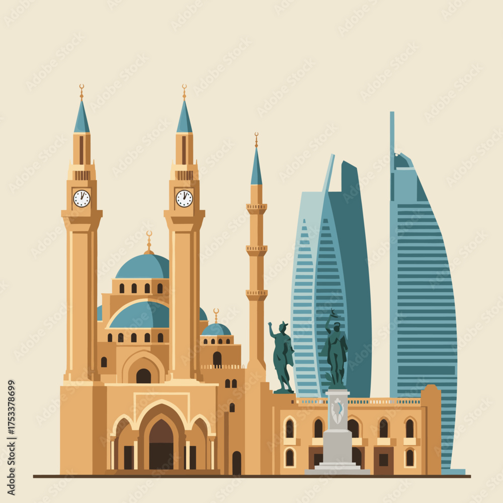 Fototapeta premium Skyline illustration of beirut city with mosque and modern buildings.