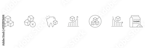 Sugar cube, no sugar, dental care, trend, pack, analysis icon set vector illustration for health food awareness