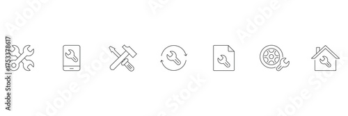 Spanner wrench, mobile repair, hammer screwdriver, cycle maintenance, file document, wheel, home tool icon vector illustration