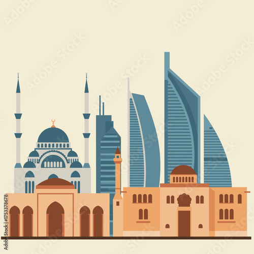 Middle eastern skyline illustration with mosque and skyscrapers.
