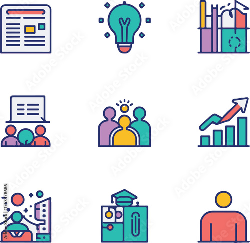 Colorful flat icons for education, business, and teamwork including a newspaper, lightbulb, bar chart, group of people, team huddle, growing graph, teacher at desk, graduation cap, and single person