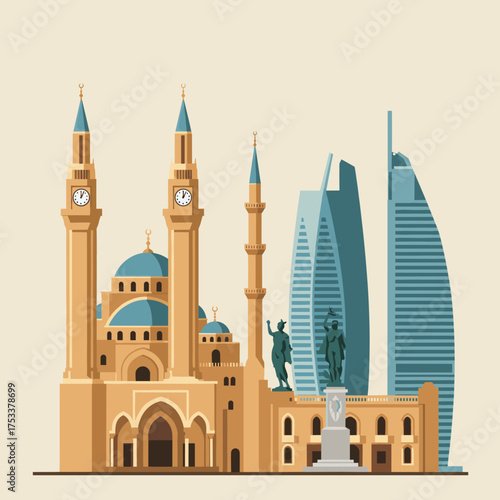 Skyline illustration of beirut city with mosque and modern buildings.