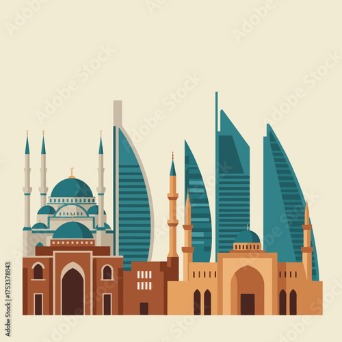 Skyline of dubai with modern buildings and mosque architecture.