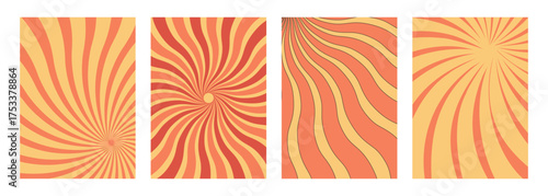 Swirl groovy starburst background set. Psychedelic swirl sun ray posters. Wavy radial retro psychedelic background and poster