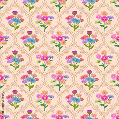Hand drawn vintage floral seamless pattern. Ornamental botanical flower pattern. Traditional Mughal flower pattern for fabric, wall paper, bedding, wrapping paper, clothing, vector illustration, 