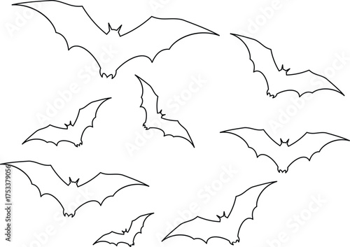 Bat icon set vector illustration designed sleek minimal lines and balanced silhouette, representing the mysterious nocturnal creature often associated with night, Halloween, mystery, and darkness.