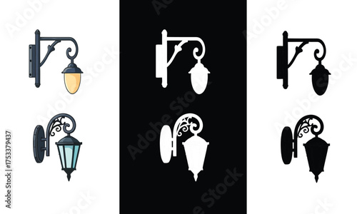 Elegant vintage wall lamps and street light illustrations with matching silhouette icons, perfect for architectural design and decorative graphic projects