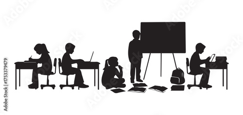 Silhouettes of children engaged in various learning activities in a classroom setting, including writing, using laptops, reading, and presenting.