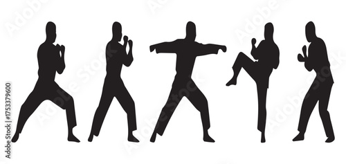Silhouetted figures demonstrating martial arts stances and movements, showcasing self-defense techniques.